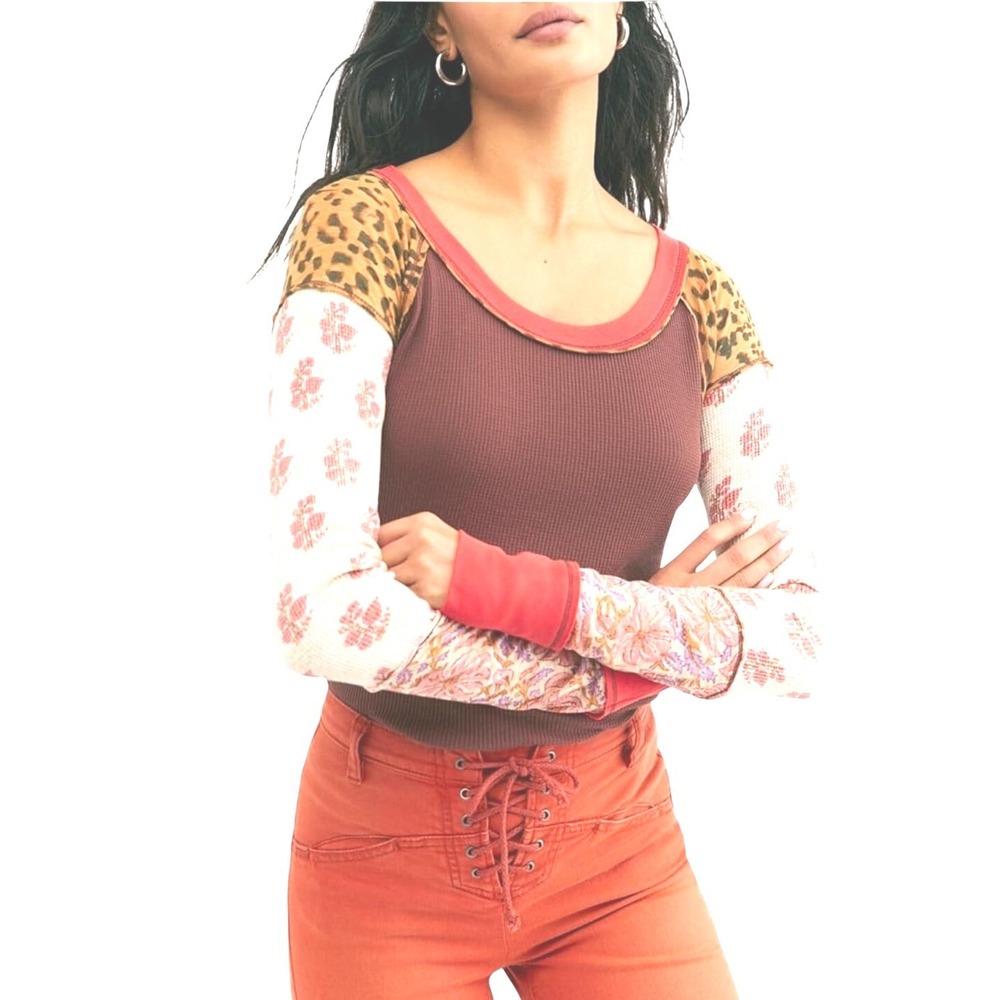Free‎ People Bright Side Knit Mixed Media Thermal Top Leopard Floral Size L